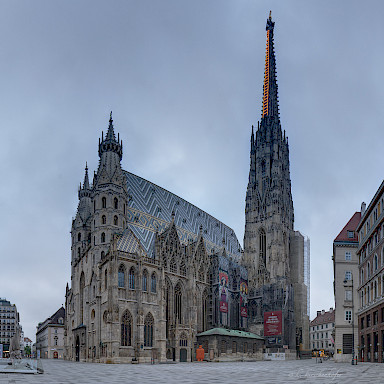 The last section of the nave and the lower section of the south tower are scaffolded